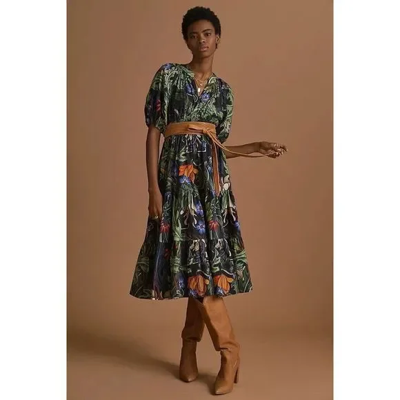 puff sleeved midi dress Large / Black Floral